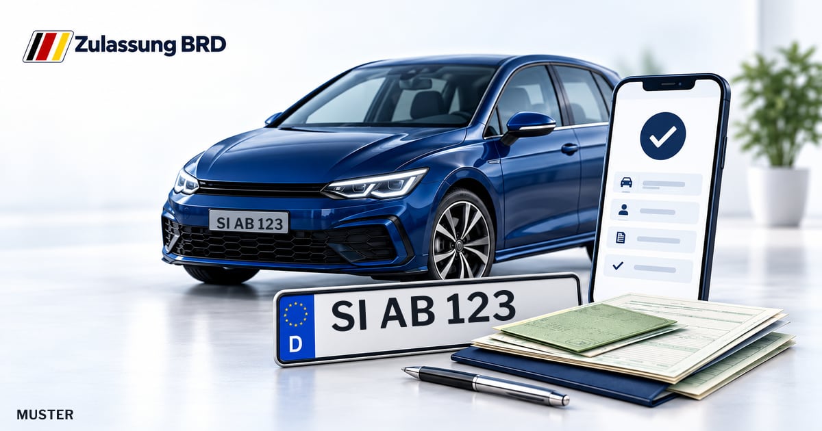 Online Fahrzeugzulassung in Burbach: Musterkennzeichen SI AB 123, Auto und Fahrzeugpapiere und Smartphone. Illustration mit Logo von Zulassung BRD.